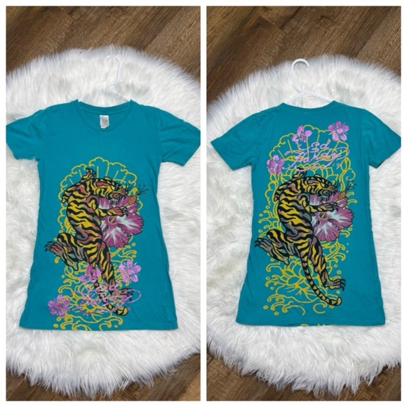Ed Hardy Tops - Ed Hardy Y2K Tiger All Over T-Shirt Double Sided T Shirt